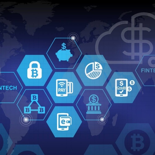 A graphic displaying elements of fintech, blockchain, and smart contracts