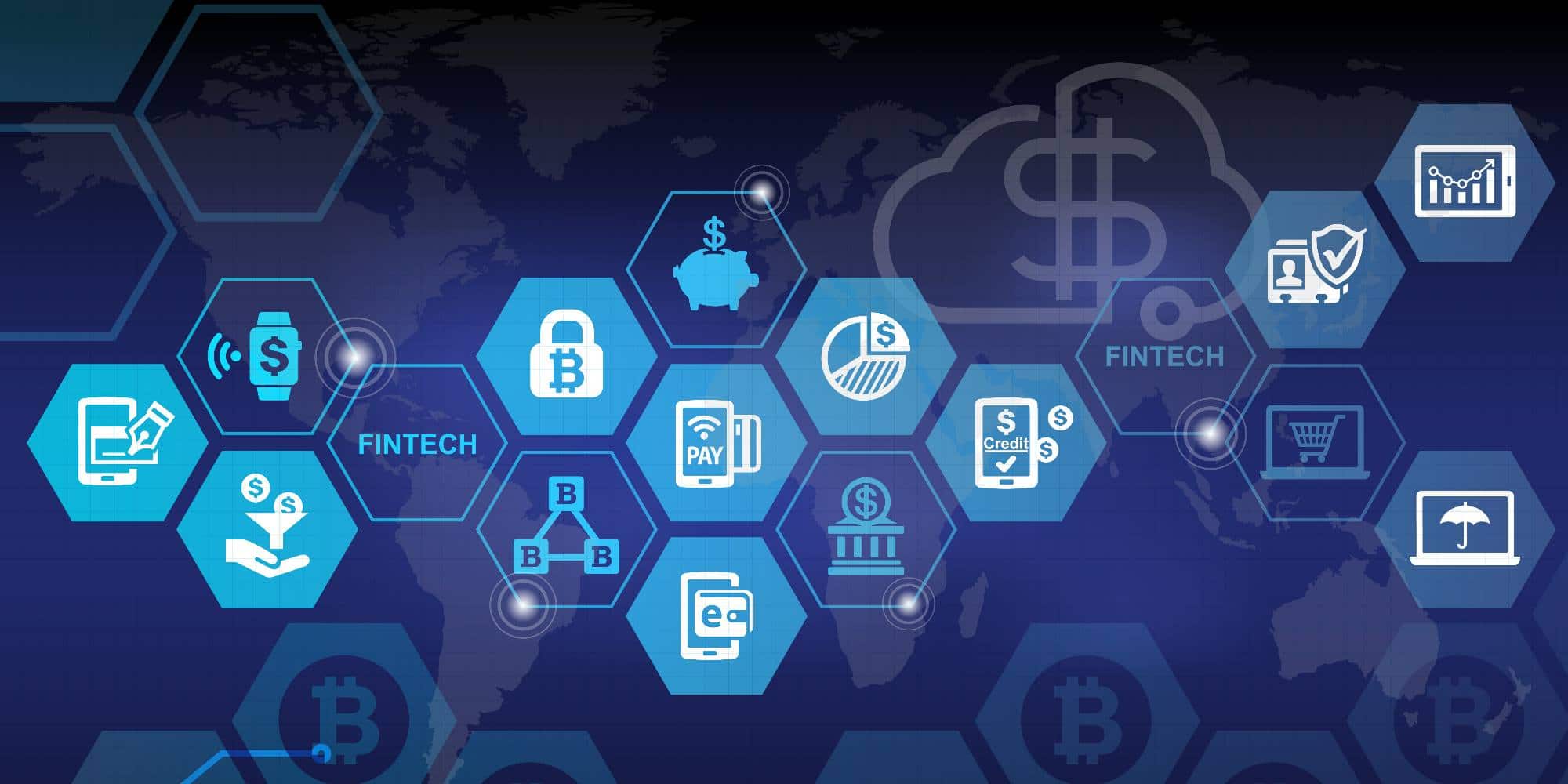 A graphic displaying elements of fintech, blockchain, and smart contracts