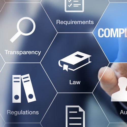Fintech compliance concept with icons for regulations, law, standards, requirements and audit on a virtual screen with a business person touching a button