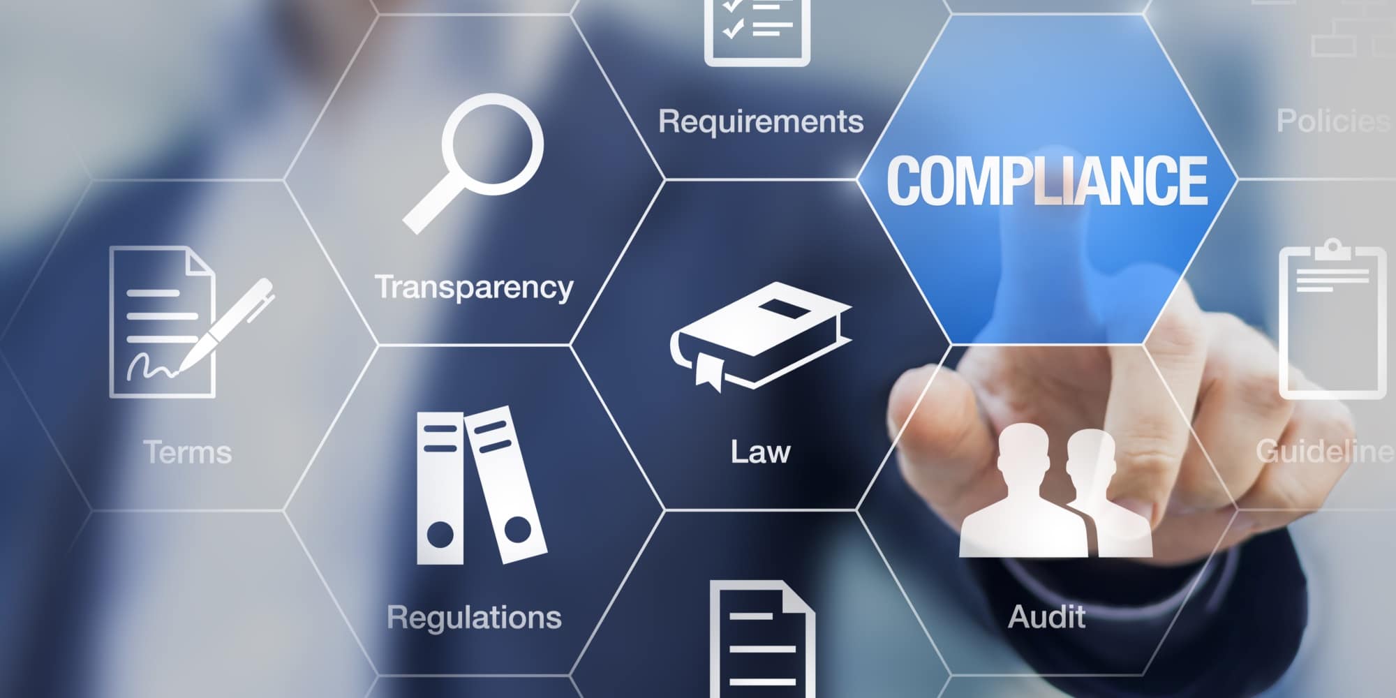 Fintech compliance concept with icons for regulations, law, standards, requirements and audit on a virtual screen with a business person touching a button