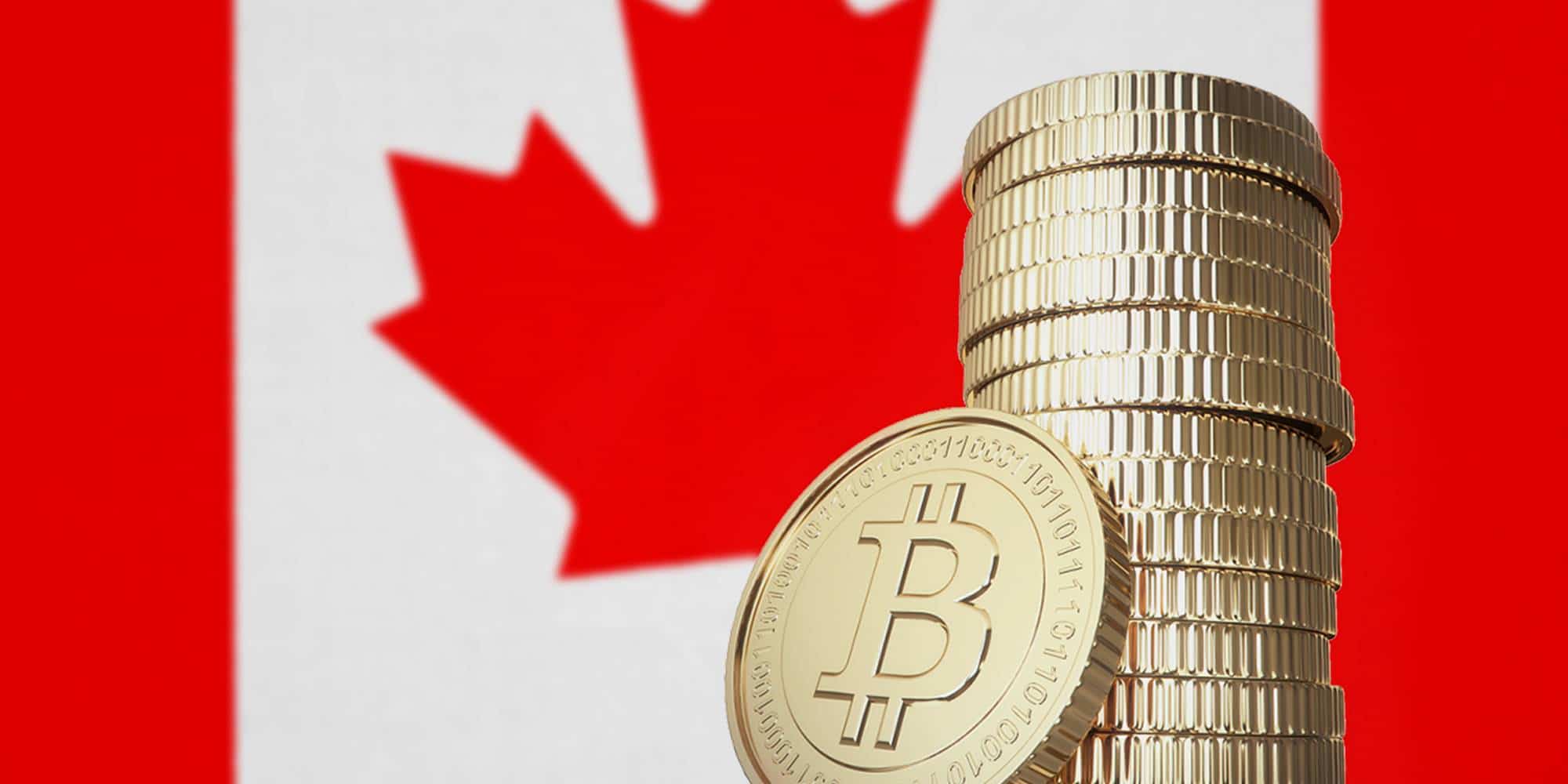 A stack of Bitcoin cryptocurrency in front of the Canadian flag