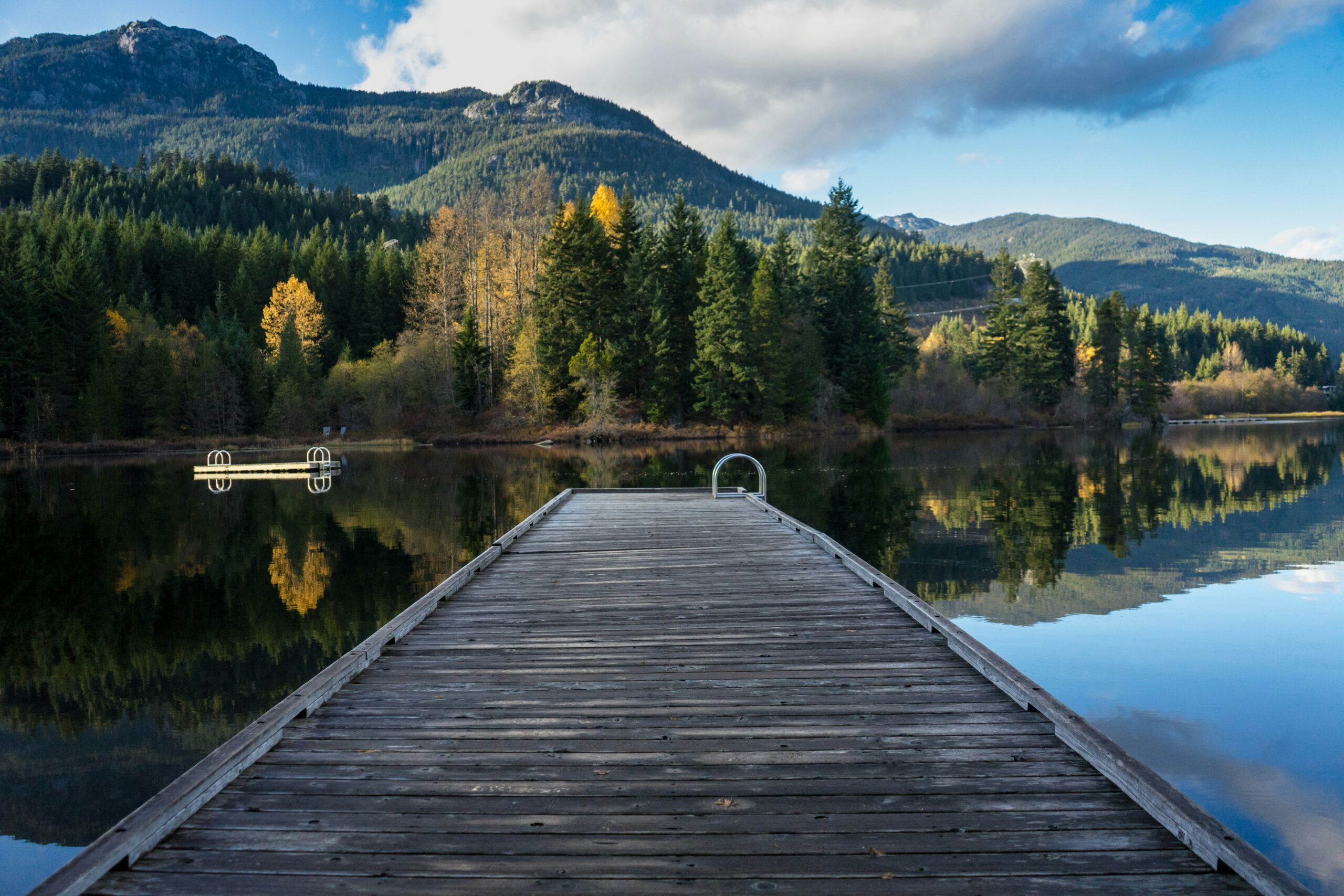 View down a dock onto a blue mountainside lake, representing estate planning and litigation services provided by EKB law firm in Vancouver