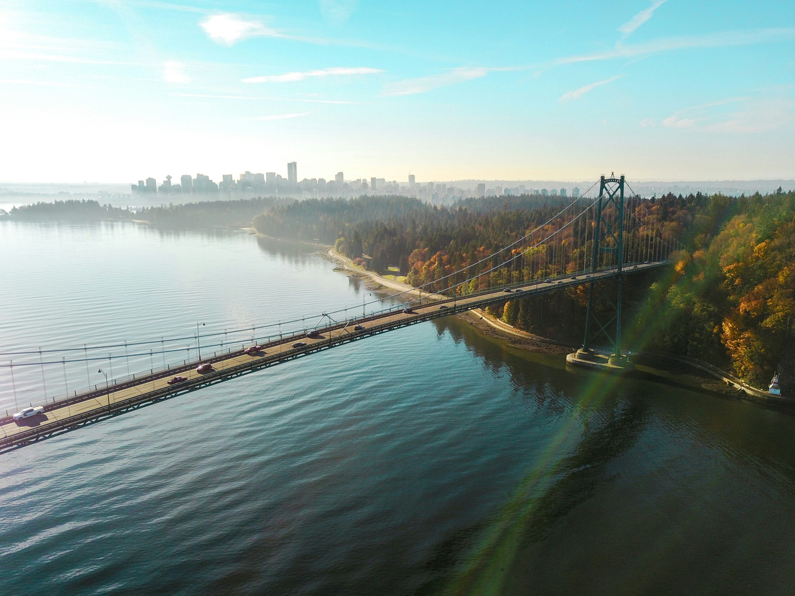 Aerial view of a bridge leading into Vancouver, representing Vancouver lawyers advising on business purchases in BC
