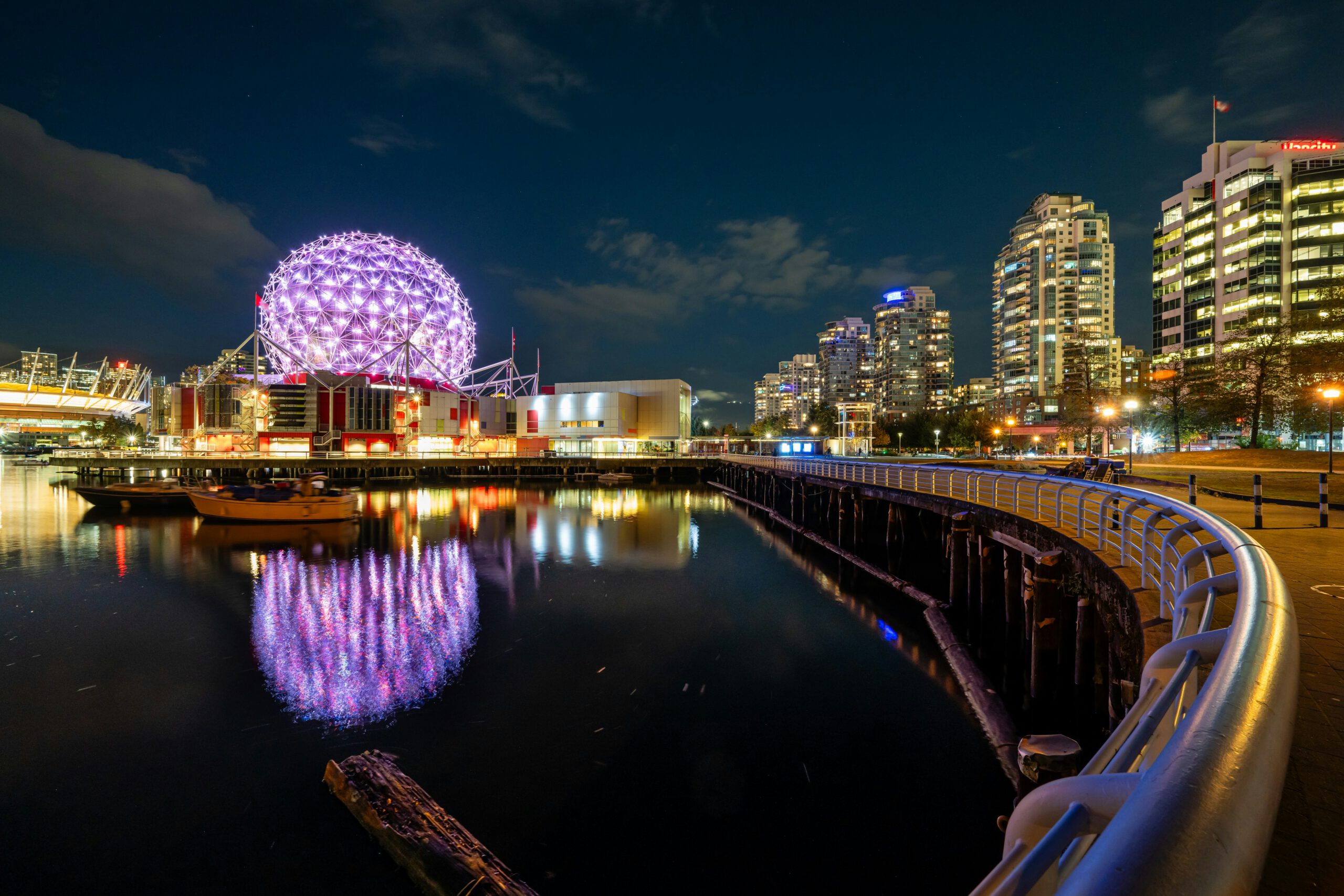 View of Vancouver's seawall at night, representing opportunities for articling students in Vancouver, BC
